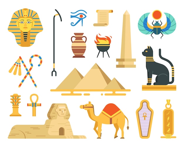 Vlakke stijl Egypte elementen icon set cartoon afbeelding
