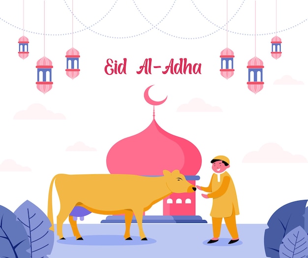 Vector vlakke stijl eid al-adha mubarak illustratie met moslimjongen en koe