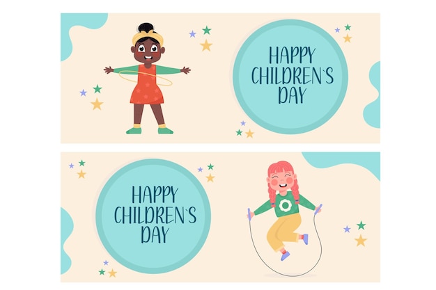 Vector vlakke stijl gelukkige kinderdag horizontale banners set internationale kinderen in kostuums