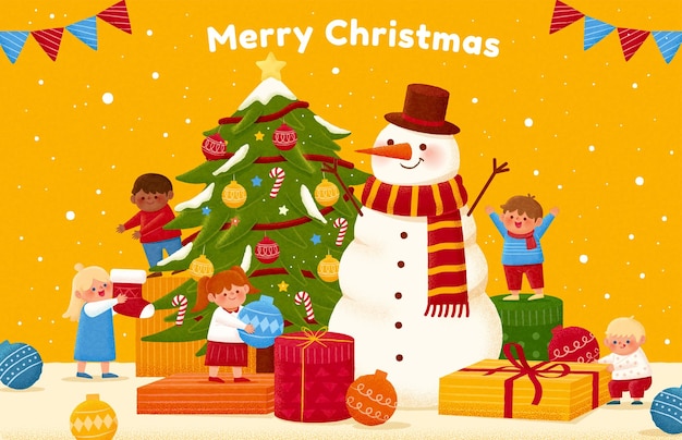 Vlakke stijl illustratie van vrolijk kerstfeest Kinderen versieren kerstboom met de gigantische sneeuwpop op een besneeuwde gele achtergrond