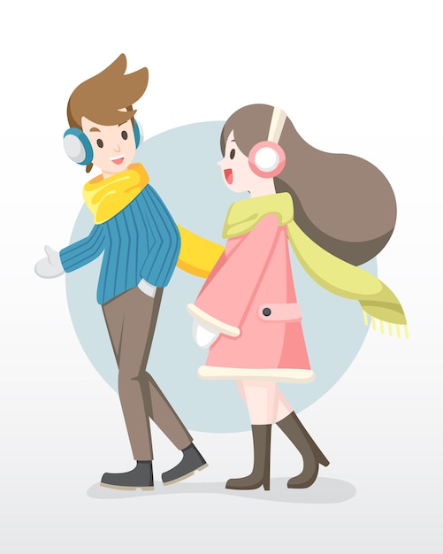 Vlakke stijl man en vrouw in winterkleding genieten van praten met elkaar illustratie