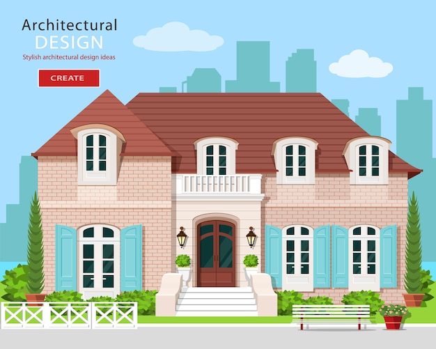 Vlakke stijl schattig vector gebouw met stad achtergrond.
