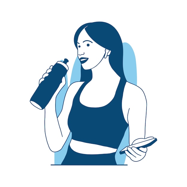 vlakke stijl vectorillustratie mooi meisje drinkt water na de training en houdt telefoon vast