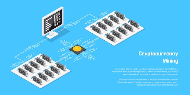 Vlakke stijlbanner voor cryptocurrency-mijnbouw en blockchain-concept.