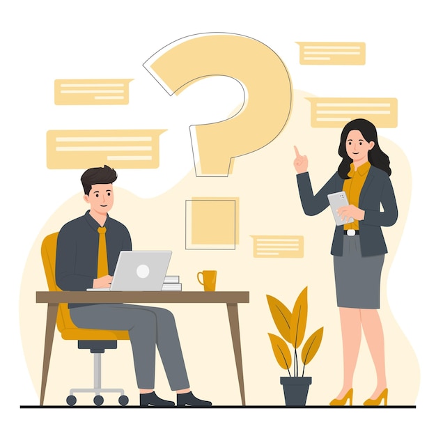 Vlakke vector FAQ Concept illustratie Vaak gestelde vragen Man en vrouw met laptop