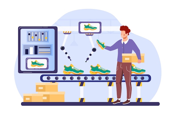 Vector vlakke vector geïsoleerd op witte productielijn met werkautomatisering en gebruikersinterface concept.