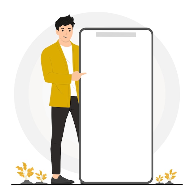 Vlakke vector gelukkige man die lege ruimte telefoonborden toont