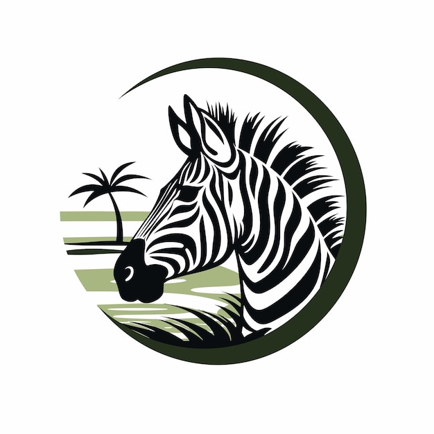 Vlakke vector van een zebra die in het gras staat met een palmboom op de achtergrond