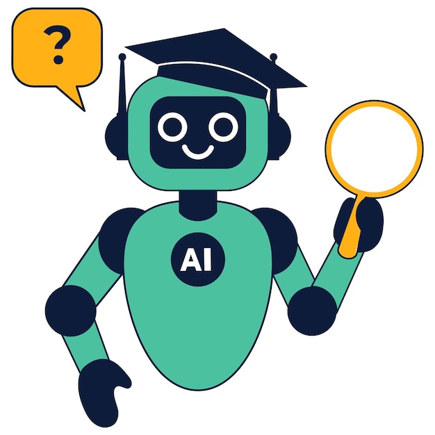 Vlakke vectorillustratie van een chatbot in een afstudeerkap met een kunstmatige vergrootglas
