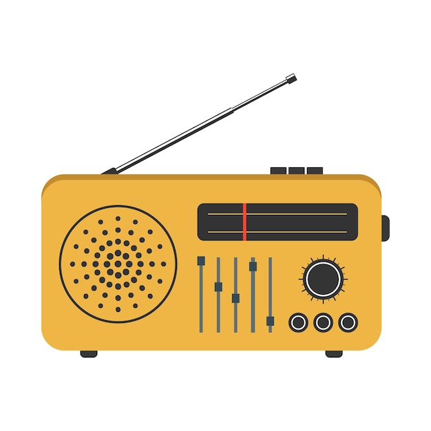Vlakke vectorillustratie van een gele retro-radio met knoppen en antenne