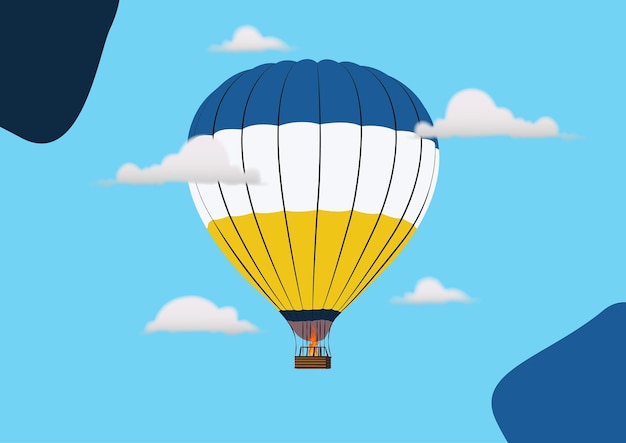 Vlakke vectorillustratie van een kleurrijke luchtballon op blauwe achtergrond