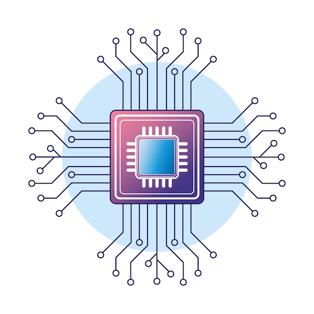 Vlakke vectorillustratie van een microchip met circuitlijnen die technologie en AI symboliseren