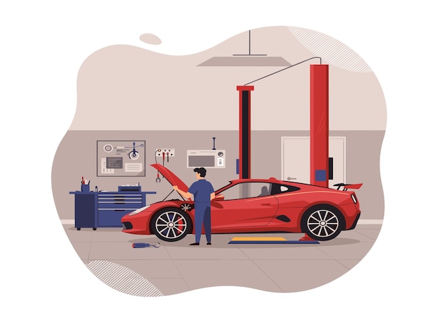 Vlakke vectorillustratie van een professionele auto-mechanicus die een luxe rode sportwagen repareert