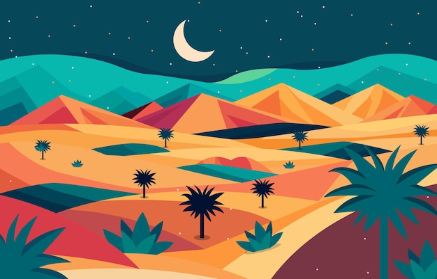 Vlakte illustratie van bergen in de Arabische woestijn met dadelbomen's nachts
