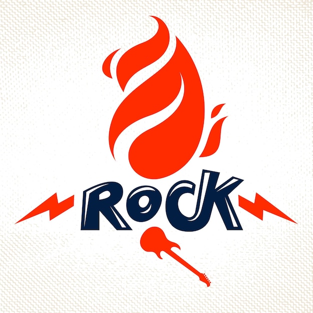 Vlammen bliksemschicht en typen Rock vector embleem of logo, Rock and Roll, Hard Rock, Punk en Heavy Metal muziekstijlen label, muziekfestival concert of club advertentie.