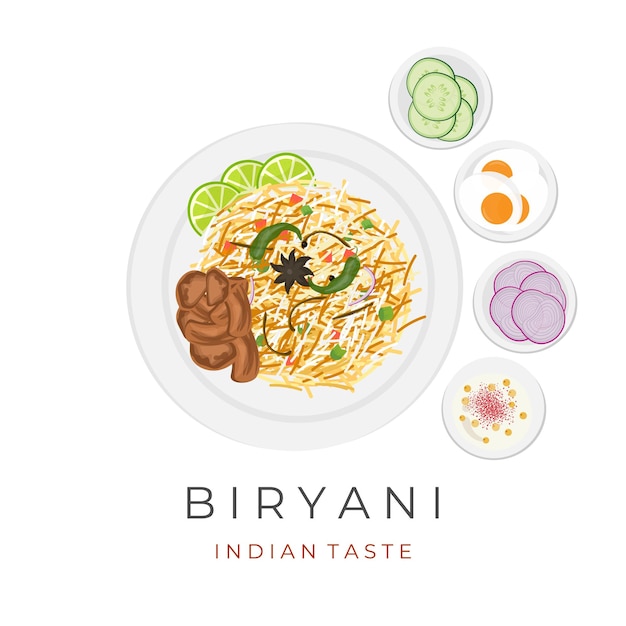 Vlees Biryani Rijst Vector Illustratie Logo Met Apart Bijgerecht En Saus