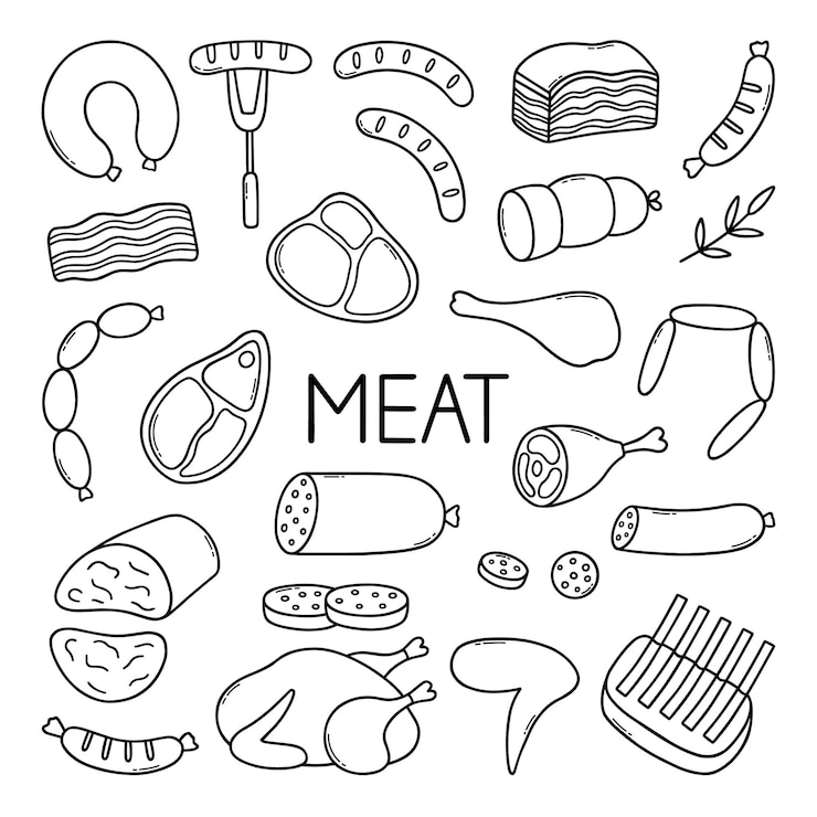 Vector vlees doodle set worsten steaks ribben varkensvlees rundvlees in schets stijl
