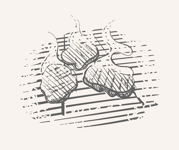 Vlees steak met chili peper schets hand getrokken vectorillustratie