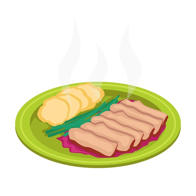 Vleesgerecht met aardappel-bessensaus en uien Gegrild gesneden vlees op de grill