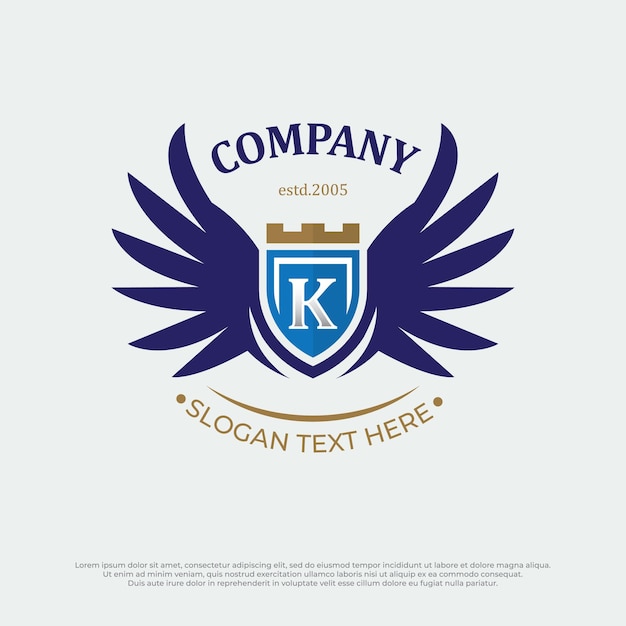 Vleugels badges logo heraldisch Vliegend embleem heraldiek adelaar vogel vleugel letter K logo met schild ideeën