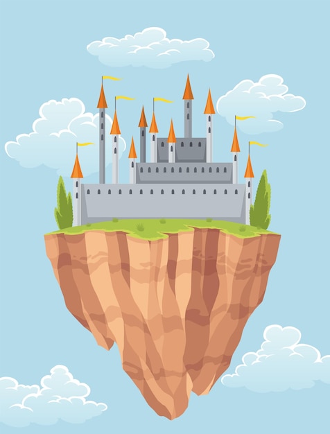 Vliegend eiland sprookjeskasteel cartoon fantasiepaleis met torens vector middeleeuws fort of fort sprookjesachtig koninkrijk huis bouwen in de lucht