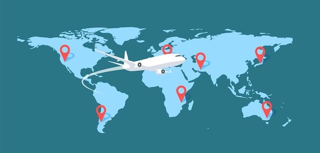 Vliegend vliegtuig boven wereldkaart. Locatie- en reispunten op een wereldkaart. Internationaal vervoer