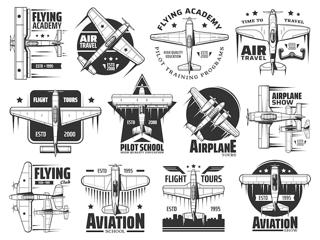 Vliegende academie of pilot school pictogrammen instellen. vliegreizen, vliegtuigshow en luchtvaartcursussen trainingsprogramma embleem of badge. historische tweedekker en eendekker, retro propellervliegtuigen vector