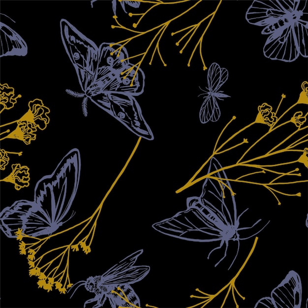 Vliegende insecten en wilde bloemen Hand getrokken vector naadloze patroon Retro gravure stijl ornament voor ontwerp achtergrond decor wallpaper