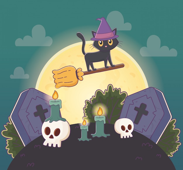 Vliegende kat met bezem in kerkhof Halloween