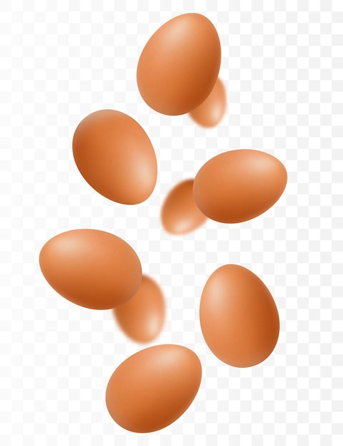 Vliegende kippeneieren geïsoleerd op witte achtergrond vallende smakelijke eieren in de bruine schaal selectieve aandacht kan worden gebruikt voor reclame verpakking banner poster print realistische 3d-vector