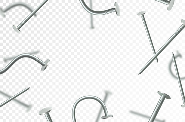 Vliegende metalen spijkers geïsoleerd op doorzichtige achtergrond Veel zilveren vallende spijkers
