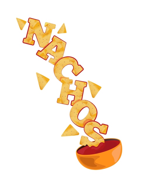 Vliegende nacho's met saus Mexicaans nationaal eten Illustratie van de traditionele Mexicaanse keuken Fastfood Straatvoedseltekening Beste voor restaurantmenu en pakketontwerp Vectorillustratie