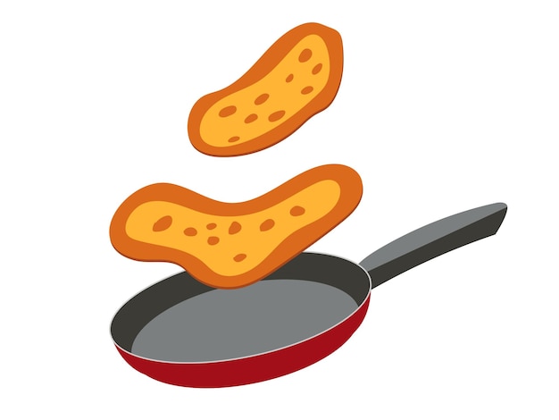 Vector vliegende pannenkoeken en koekenpan. platte vectorillustratie. ontbijt.