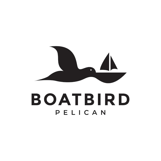 Vliegende pelikaan met boot logo ontwerp vector grafisch symbool pictogram illustratie creatief idee
