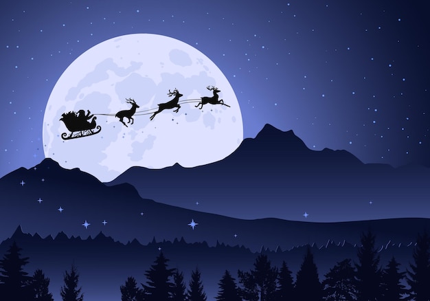 Vliegende rendieren en Santa slee met kerstcadeaus, volle maan achtergrond, sterrenhemel, bergen