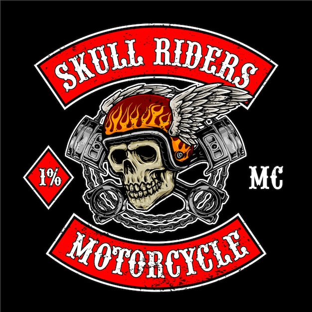 Vliegende schedel met zuigers voor motorclub logo
