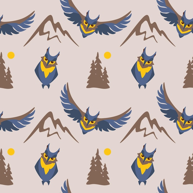 Vliegende uil door het bos en de bergen wilde vogels naadloze patroon vector