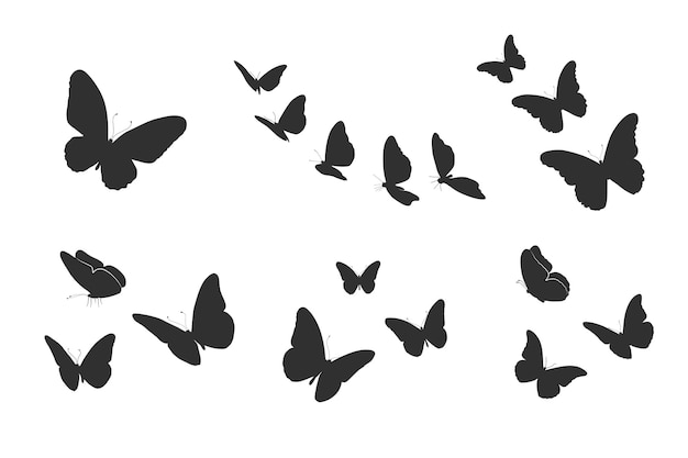 Vliegende vlinder silhouetten, vlinders silhouet set V02.