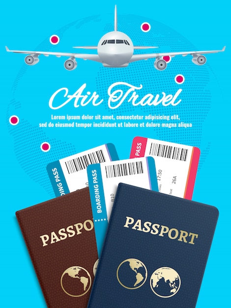 Vliegreizen banner met aarde vliegtuig paspoort en tickets