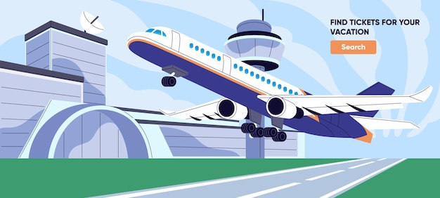 Vliegtuig dat aankomt om op de landingsbaan te landen aankomst vliegtuig op de landingsbaan vliegtuig dat van het vliegveld opstijgt airport tower terminal gebouw achtergrond vliegtuigreisbanner vlakke vector illustratie