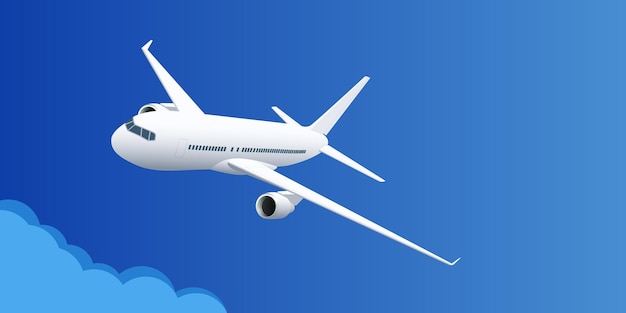 Vliegtuig in blauwe hemel Vliegreizen Vakantie of bedrijfsconcept Reizen per luchtvervoer
