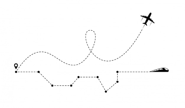 Vliegtuig lijn pad pictogram van vliegtuig vluchtroute en trein spoorlijn met startpunt.