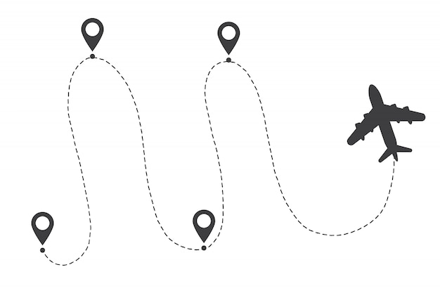 Vliegtuig lijn pad route. Startpunt en streepjeslijntracering.
