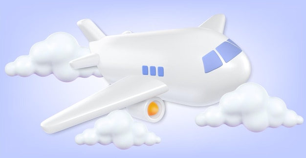 Vliegtuig met wolken cartoon icoon vector 3d render