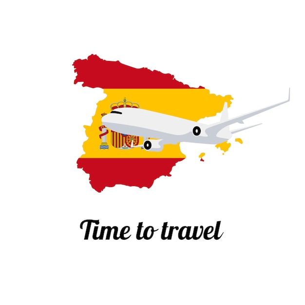 Vliegtuig op de kaart van Spanje geschilderd in nationale vlagkleuren Reispostersjabloon Vliegend vliegtuig
