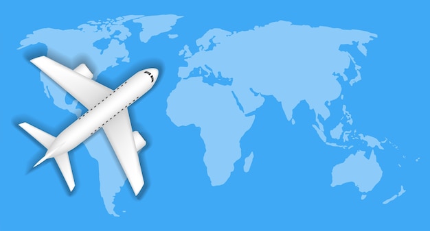 vliegtuig over blauwe wereld kaart reizen concept