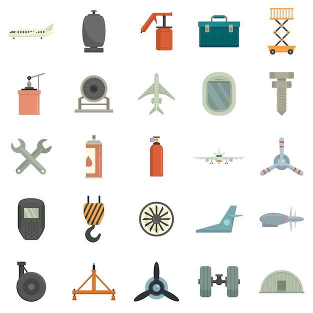 Vliegtuig reparatie pictogrammen instellen. platte set van vliegtuig reparatie vector iconen geïsoleerd op een witte background