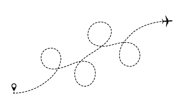 Vector vliegtuig route stippellijnen. toerisme en reizen. toeristische route per vliegtuig. volgt reiziger stippellijnen. platte vectorillustratie geïsoleerd op een witte achtergrond.