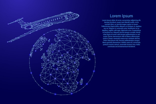Vliegtuig vliegt over de hele wereld van futuristische veelhoekige blauwe lijnen en gloeiende sterren