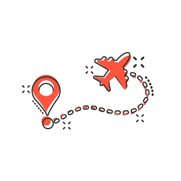 Vliegtuig vlucht route icoon in komische stijl Reizen lijn pad cartoon vectorillustratie op witte geïsoleerde achtergrond Dash line trace business concept splash effect